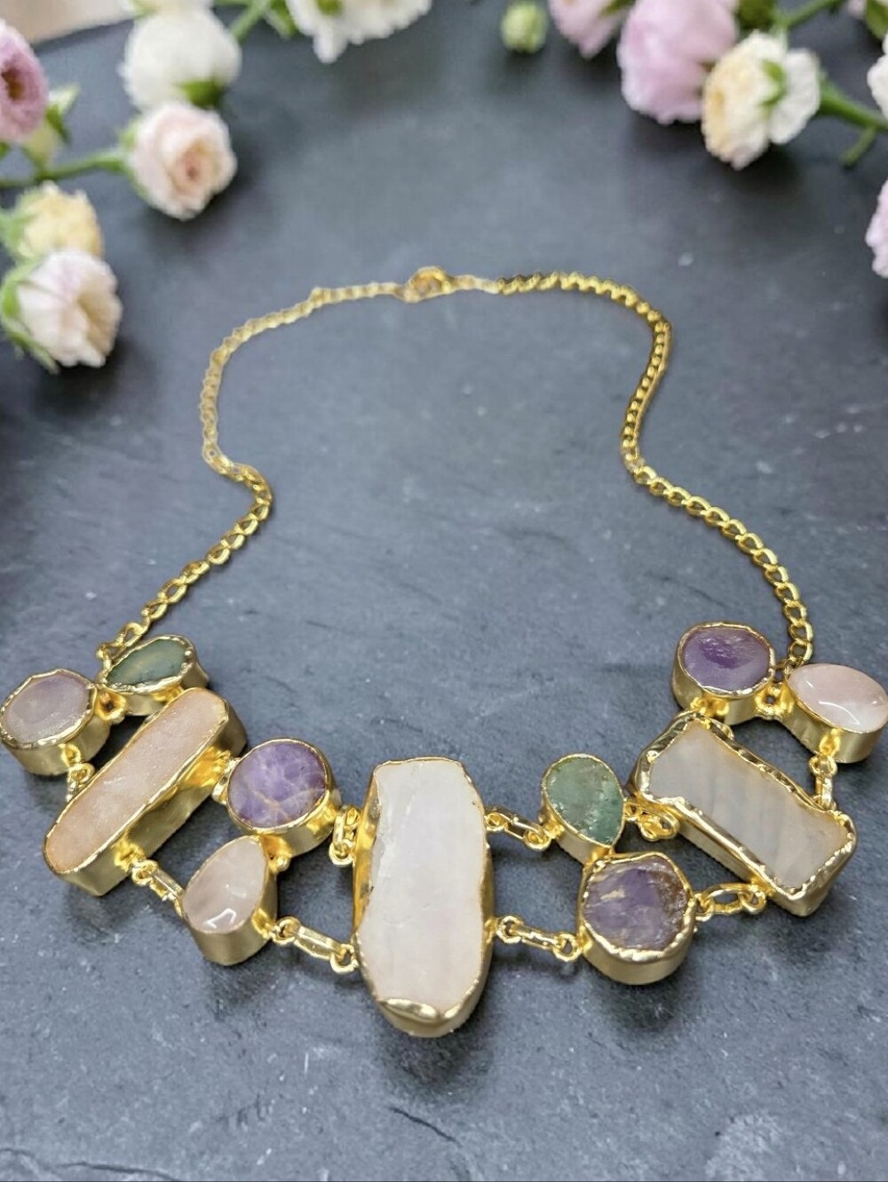 18k Gold Plated Chunky Artisan Raw Natural Crystal Amethyst Rose Quartz Necklace
